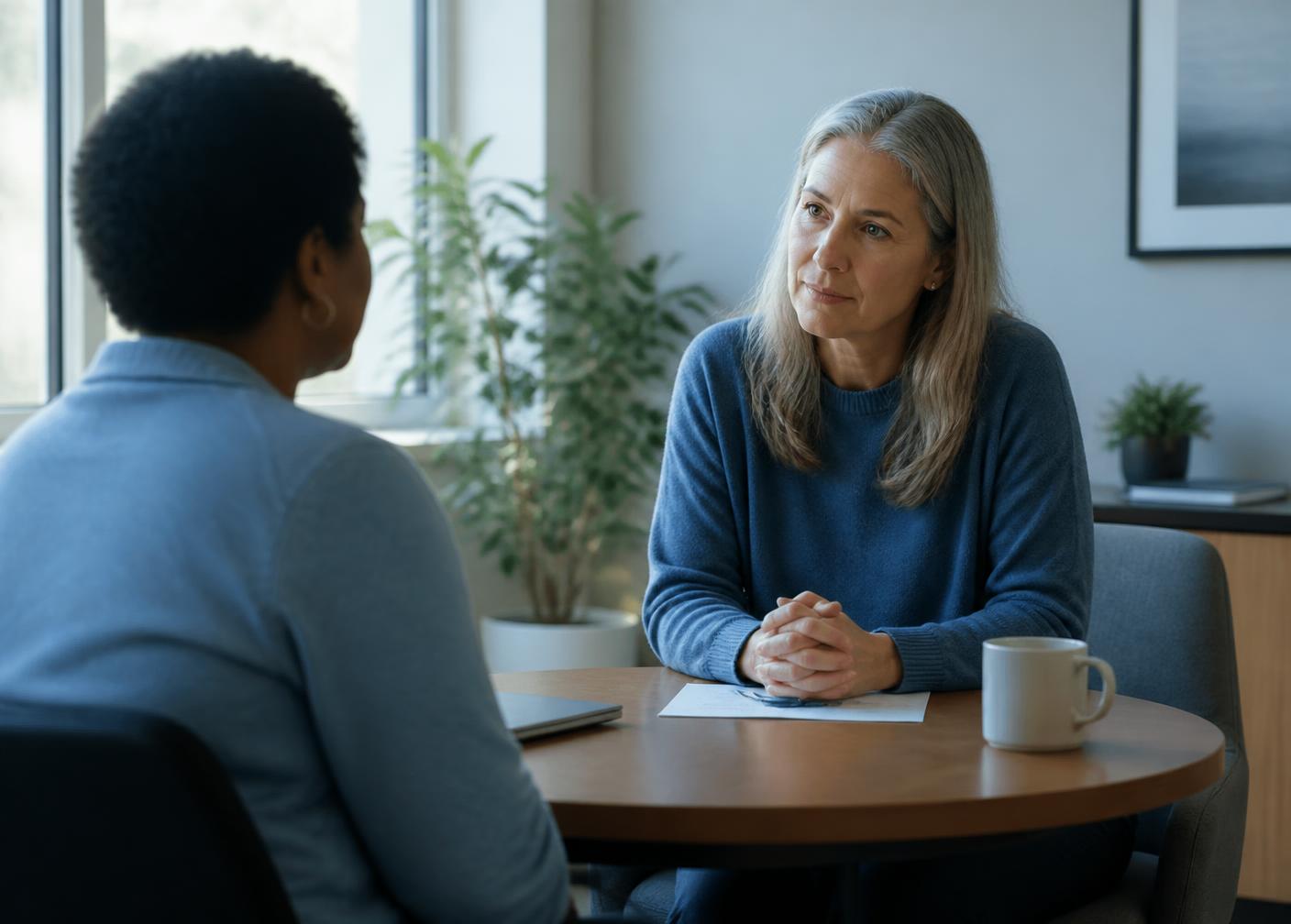 Two people talking across a table in a quiet office